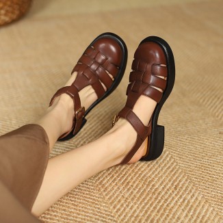 Designer Fisherman Shoes Genuine Leather Gladiator Sandals Soft Knit Retro Chunky Velcro Shoes Brown