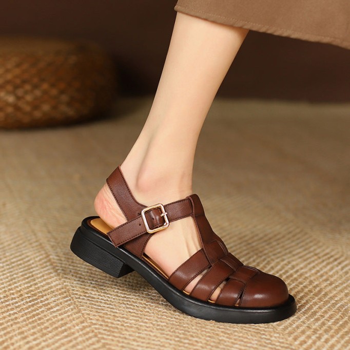 Designer Fisherman Shoes Genuine Leather Gladiator Sandals Soft Knit Retro Chunky Velcro Shoes Brown