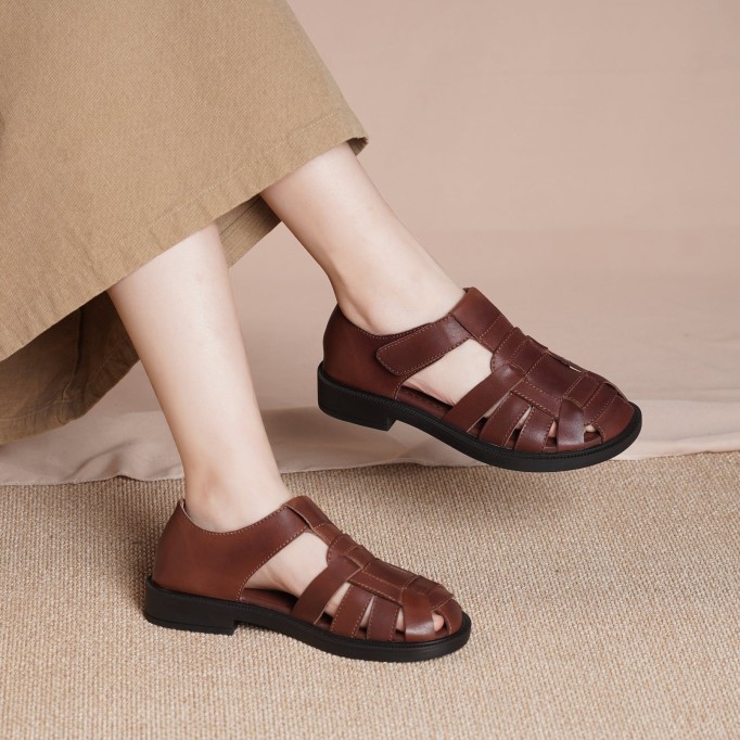 Designer Fisherman Shoes Genuine Leather Gladiator Sandals Soft Knit Retro Chunky Velcro Shoes Brown