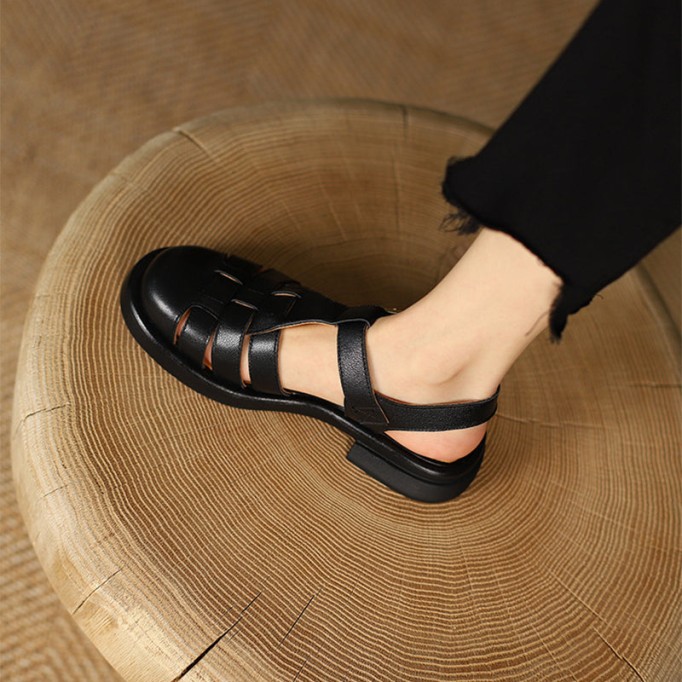 Designer Fisherman Shoes Genuine Leather Gladiator Sandals Soft Knit Retro Chunky Velcro Shoes Brown