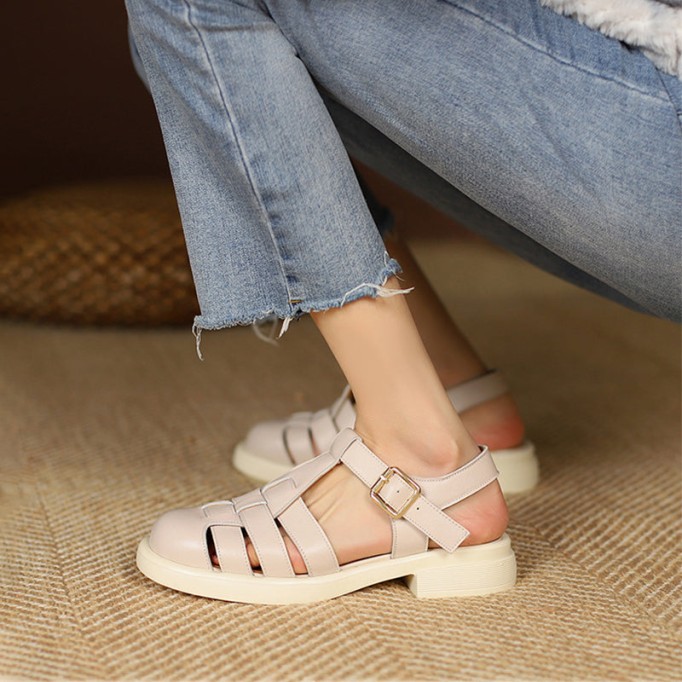 Designer Fisherman Shoes Genuine Leather Gladiator Sandals Soft Knit Retro Chunky Velcro Shoes Brown