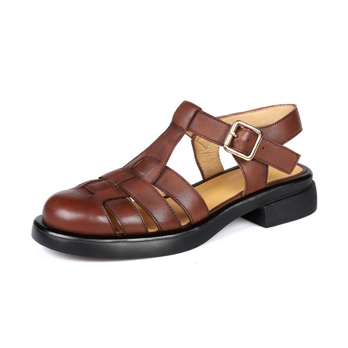 Designer Fisherman Shoes Genuine Leather Gladiator Sandals Soft Knit Retro Chunky Velcro Shoes Brown