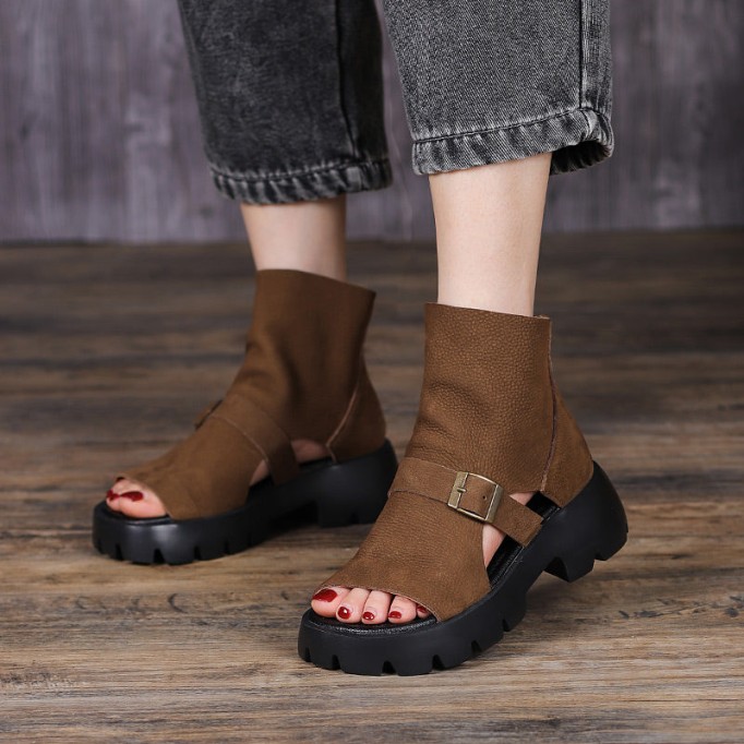 Retro Soft Leather Chunky Sandals Platform Summer Boots for Women Coffee/Brown/Khaki