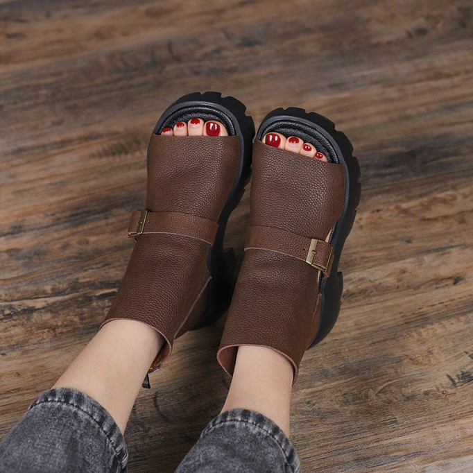 Retro Soft Leather Chunky Sandals Platform Summer Boots for Women Coffee/Brown/Khaki