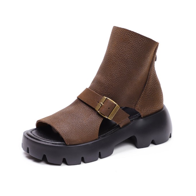 Retro Soft Leather Chunky Sandals Platform Summer Boots for Women Coffee/Brown/Khaki