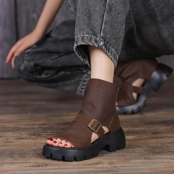 Retro Soft Leather Chunky Sandals Platform Summer Boots for Women Coffee/Brown/Khaki
