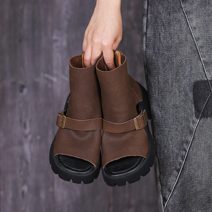 Retro Soft Leather Chunky Sandals Platform Summer Boots for Women Coffee/Brown/Khaki