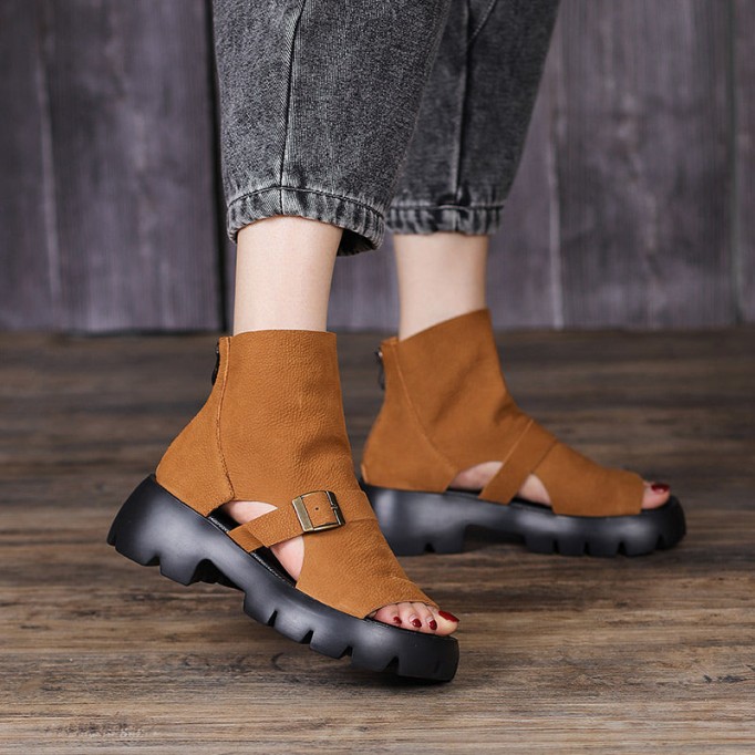 Retro Soft Leather Chunky Sandals Platform Summer Boots for Women Coffee/Brown/Khaki