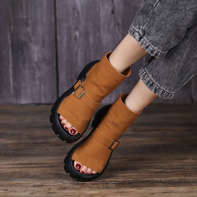 Retro Soft Leather Chunky Sandals Platform Summer Boots for Women Coffee/Brown/Khaki