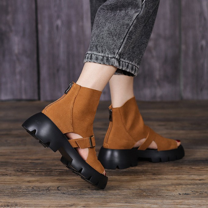 Retro Soft Leather Chunky Sandals Platform Summer Boots for Women Coffee/Brown/Khaki