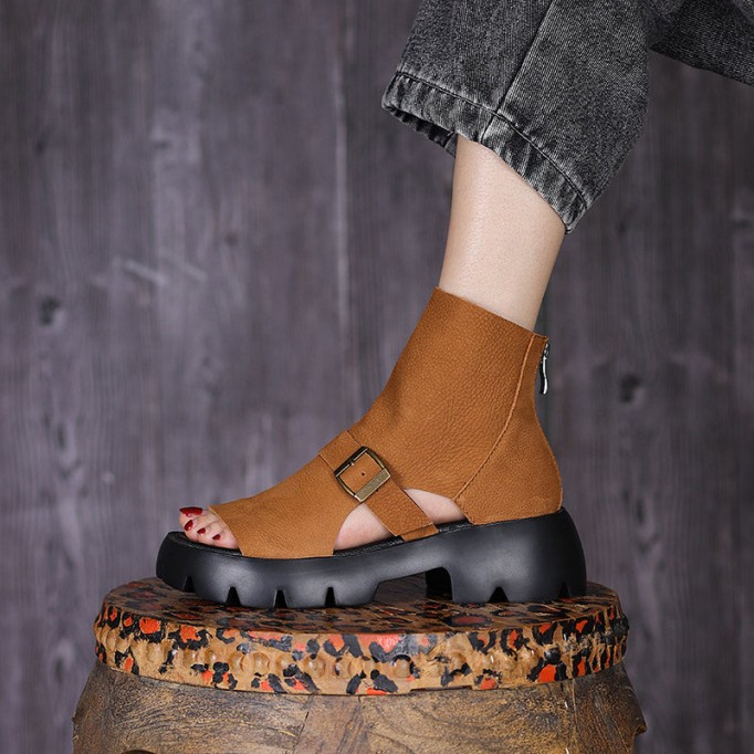 Retro Soft Leather Chunky Sandals Platform Summer Boots for Women Coffee/Brown/Khaki