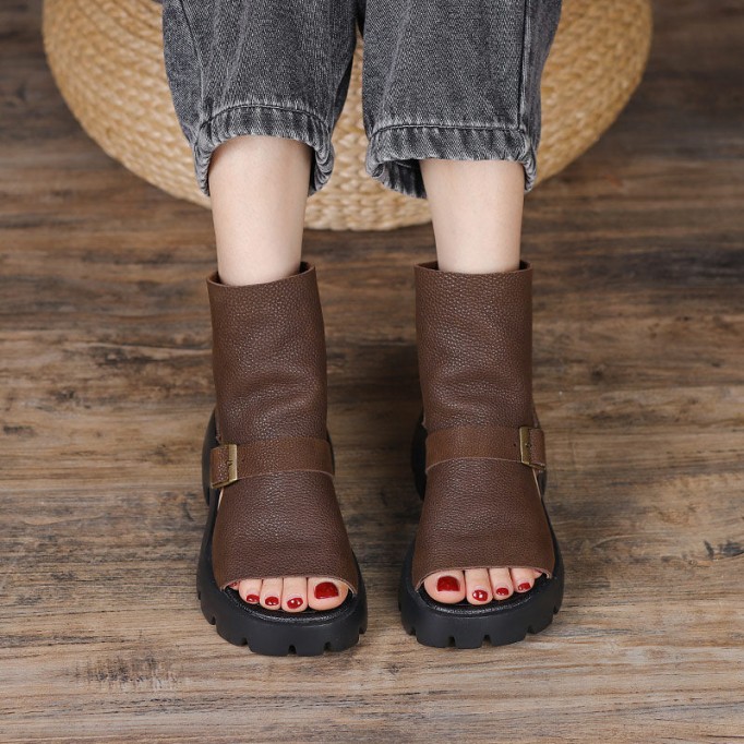 Retro Soft Leather Chunky Sandals Platform Summer Boots for Women Coffee/Brown/Khaki