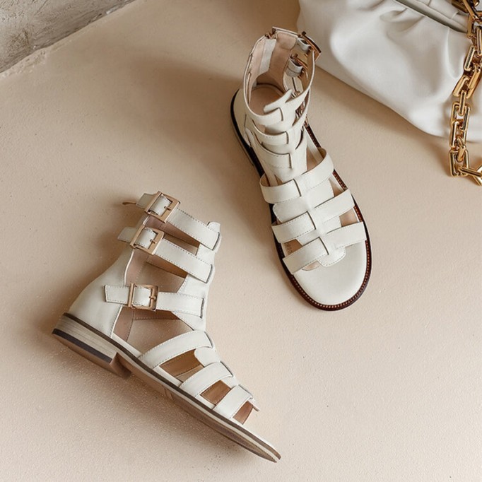 Genuine Leather Gladiator Sandals For Women Black/Off white