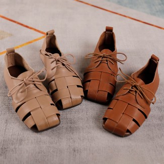 Retro Woven Leather Shoes For Women Soft Bottom Lace Up Sandals Apricot/Brown