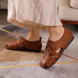 Retro Woven Leather Shoes For Women Soft Bottom Lace Up Sandals Apricot/Brown
