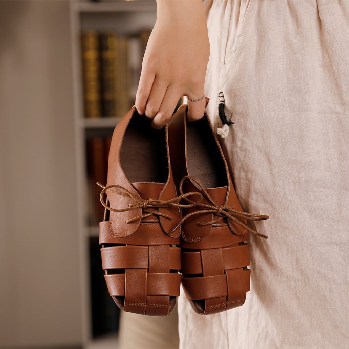 Retro Woven Leather Shoes For Women Soft Bottom Lace Up Sandals Apricot/Brown