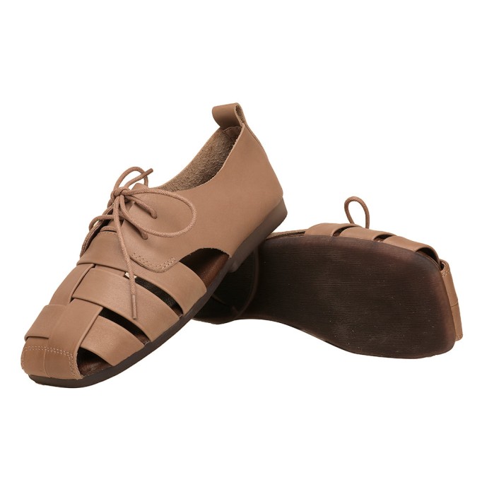 Retro Woven Leather Shoes For Women Soft Bottom Lace Up Sandals Apricot/Brown
