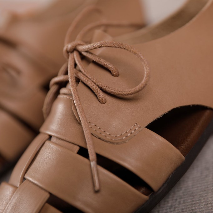 Retro Woven Leather Shoes For Women Soft Bottom Lace Up Sandals Apricot/Brown