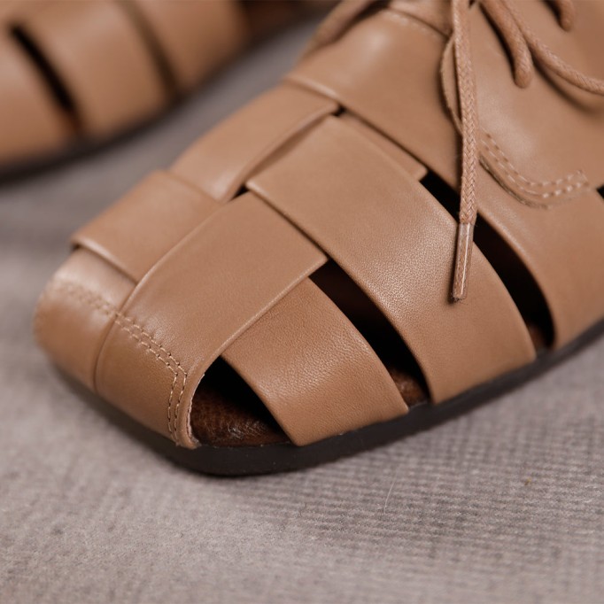 Retro Woven Leather Shoes For Women Soft Bottom Lace Up Sandals Apricot/Brown