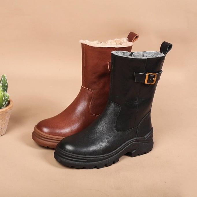 Womens Retro Leather Mid Calf Boots Shearling Lined for Cold Winter Snow Boots in Black/Brown