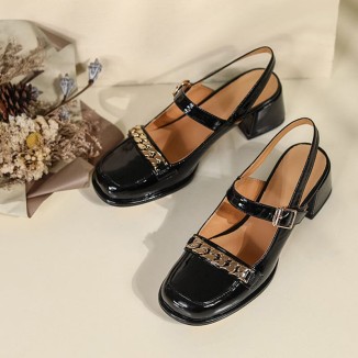 Patent Leather Slingback Mary Jane Pumps Block Heel in Beige/Black