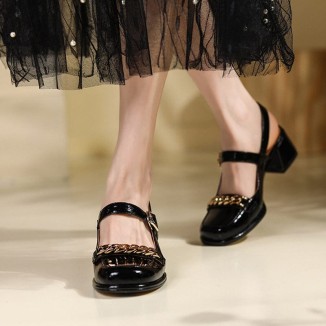 Patent Leather Slingback Mary Jane Pumps Block Heel in Beige/Black