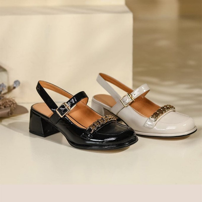 Patent Leather Slingback Mary Jane Pumps Block Heel in Beige/Black