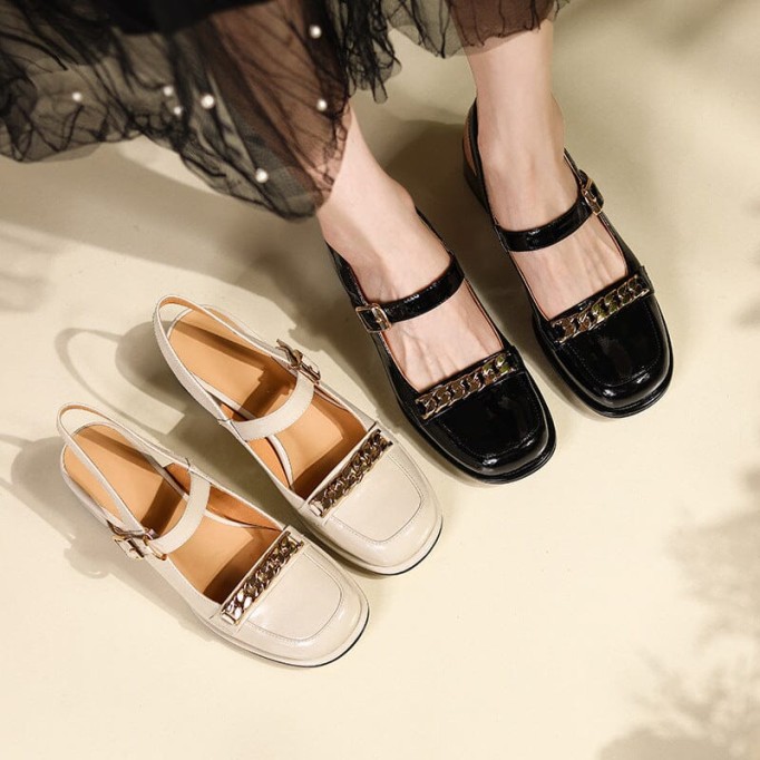 Patent Leather Slingback Mary Jane Pumps Block Heel in Beige/Black