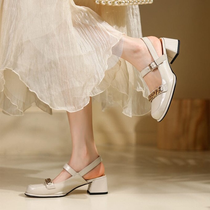 Patent Leather Slingback Mary Jane Pumps Block Heel in Beige/Black