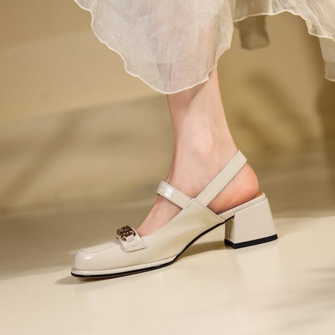 Patent Leather Slingback Mary Jane Pumps Block Heel in Beige/Black