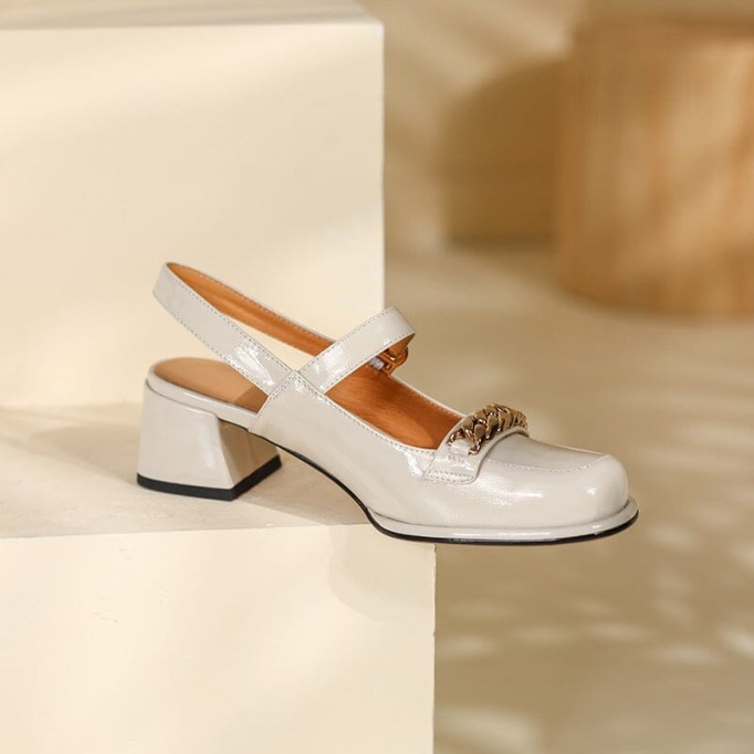 Patent Leather Slingback Mary Jane Pumps Block Heel in Beige/Black