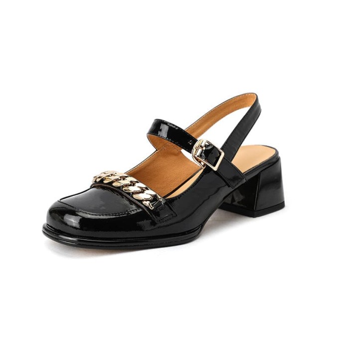 Patent Leather Slingback Mary Jane Pumps Block Heel in Beige/Black