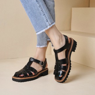 Handmade Leather Fisherman Platforms Sandal in Black/Coffee