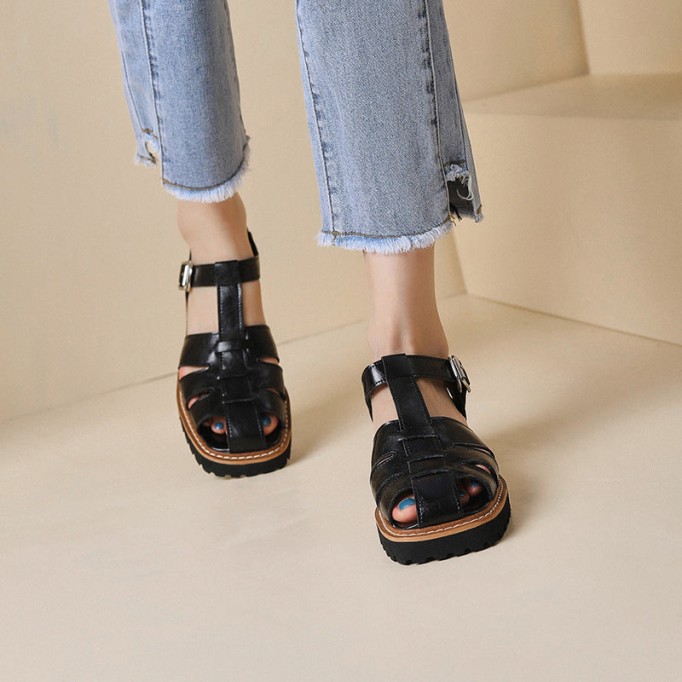 Handmade Leather Fisherman Platforms Sandal in Black/Coffee