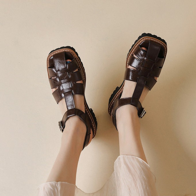 Handmade Leather Fisherman Platforms Sandal in Black/Coffee