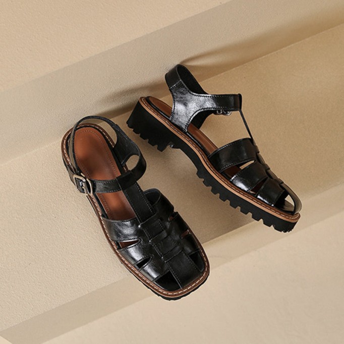 Handmade Leather Fisherman Platforms Sandal in Black/Coffee