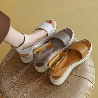 Slingback Espadrille-Wedge Leather Sandals in Beige/Brown/Khaki