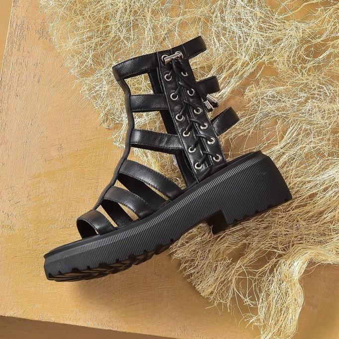 Gladiator Sandals Women Cow Leather Platform Shoes Drawstring Side Zipper Closure Summer Ladies Shoes Handmade 07119