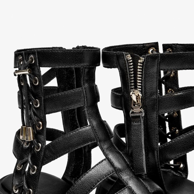 Gladiator Sandals Women Cow Leather Platform Shoes Drawstring Side Zipper Closure Summer Ladies Shoes Handmade 07119