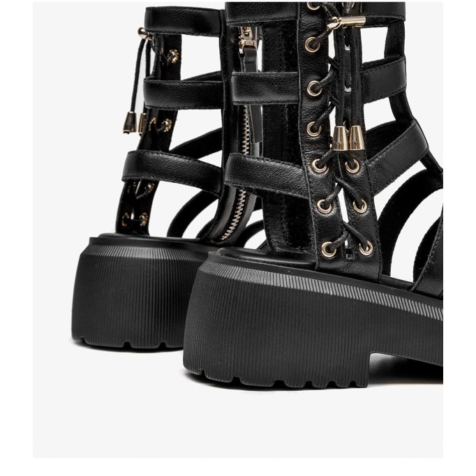 Gladiator Sandals Women Cow Leather Platform Shoes Drawstring Side Zipper Closure Summer Ladies Shoes Handmade 07119