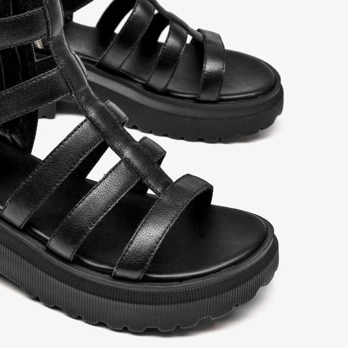 Gladiator Sandals Women Cow Leather Platform Shoes Drawstring Side Zipper Closure Summer Ladies Shoes Handmade 07119