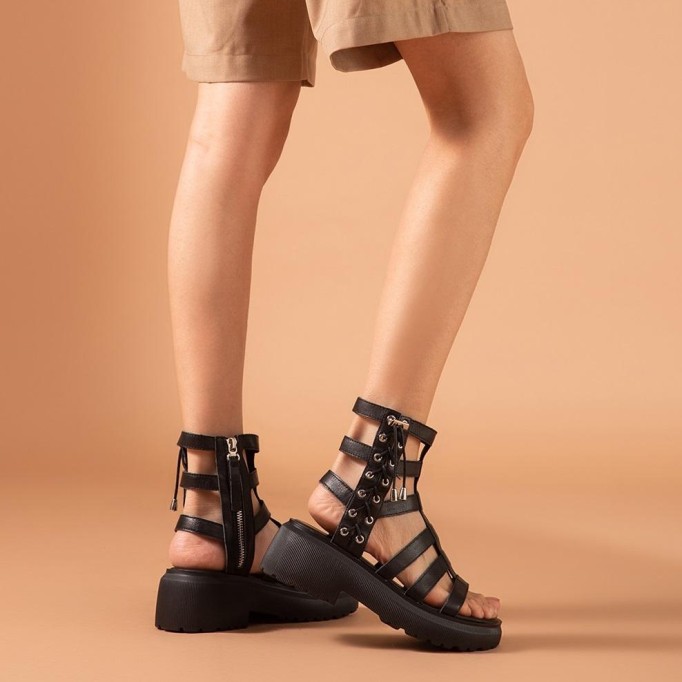 Gladiator Sandals Women Cow Leather Platform Shoes Drawstring Side Zipper Closure Summer Ladies Shoes Handmade 07119