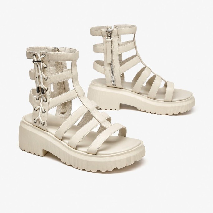 Gladiator Sandals Women Cow Leather Platform Shoes Drawstring Side Zipper Closure Summer Ladies Shoes Handmade 07119