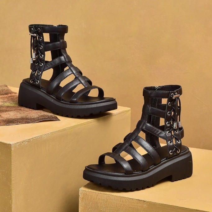 Gladiator Sandals Women Cow Leather Platform Shoes Drawstring Side Zipper Closure Summer Ladies Shoes Handmade 07119