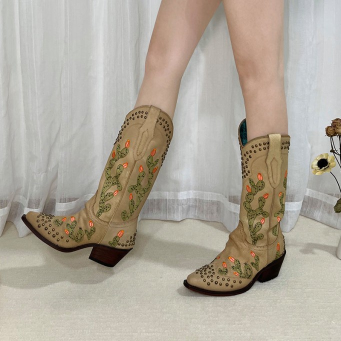 Womens Western Embroidered Boots Rivet Decorate- Khaki Cowgirl Boots All Genuine Leather