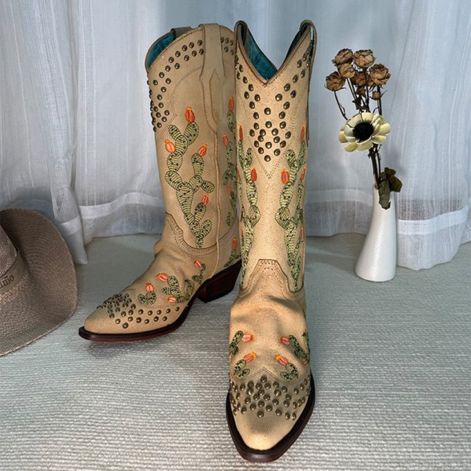 Womens Western Embroidered Boots Rivet Decorate- Khaki Cowgirl Boots All Genuine Leather