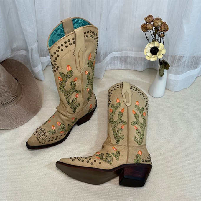 Womens Western Embroidered Boots Rivet Decorate- Khaki Cowgirl Boots All Genuine Leather