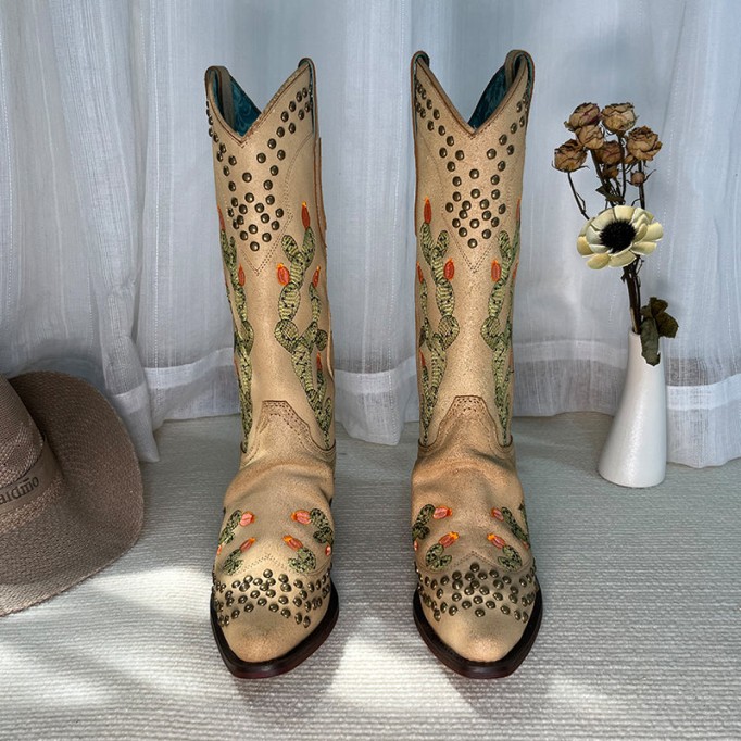 Womens Western Embroidered Boots Rivet Decorate- Khaki Cowgirl Boots All Genuine Leather
