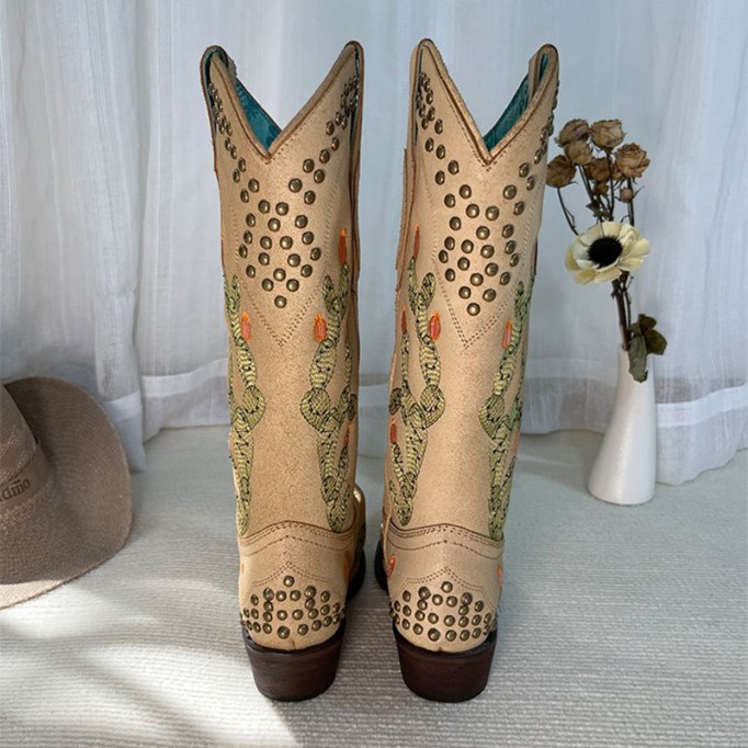 Womens Western Embroidered Boots Rivet Decorate- Khaki Cowgirl Boots All Genuine Leather