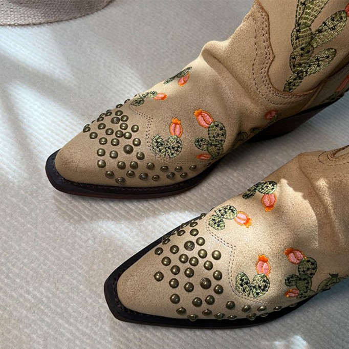 Womens Western Embroidered Boots Rivet Decorate- Khaki Cowgirl Boots All Genuine Leather